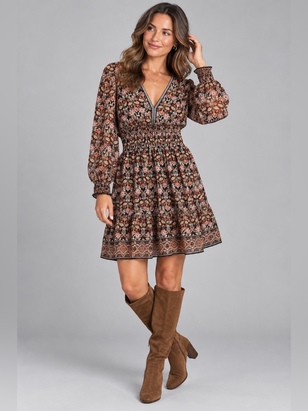 Max Studio London Paisley Floral Smocked Waist Boho Dress S